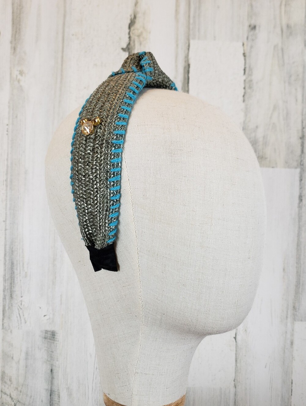 Woven Raffia Gray Headband with Turquoise Trim